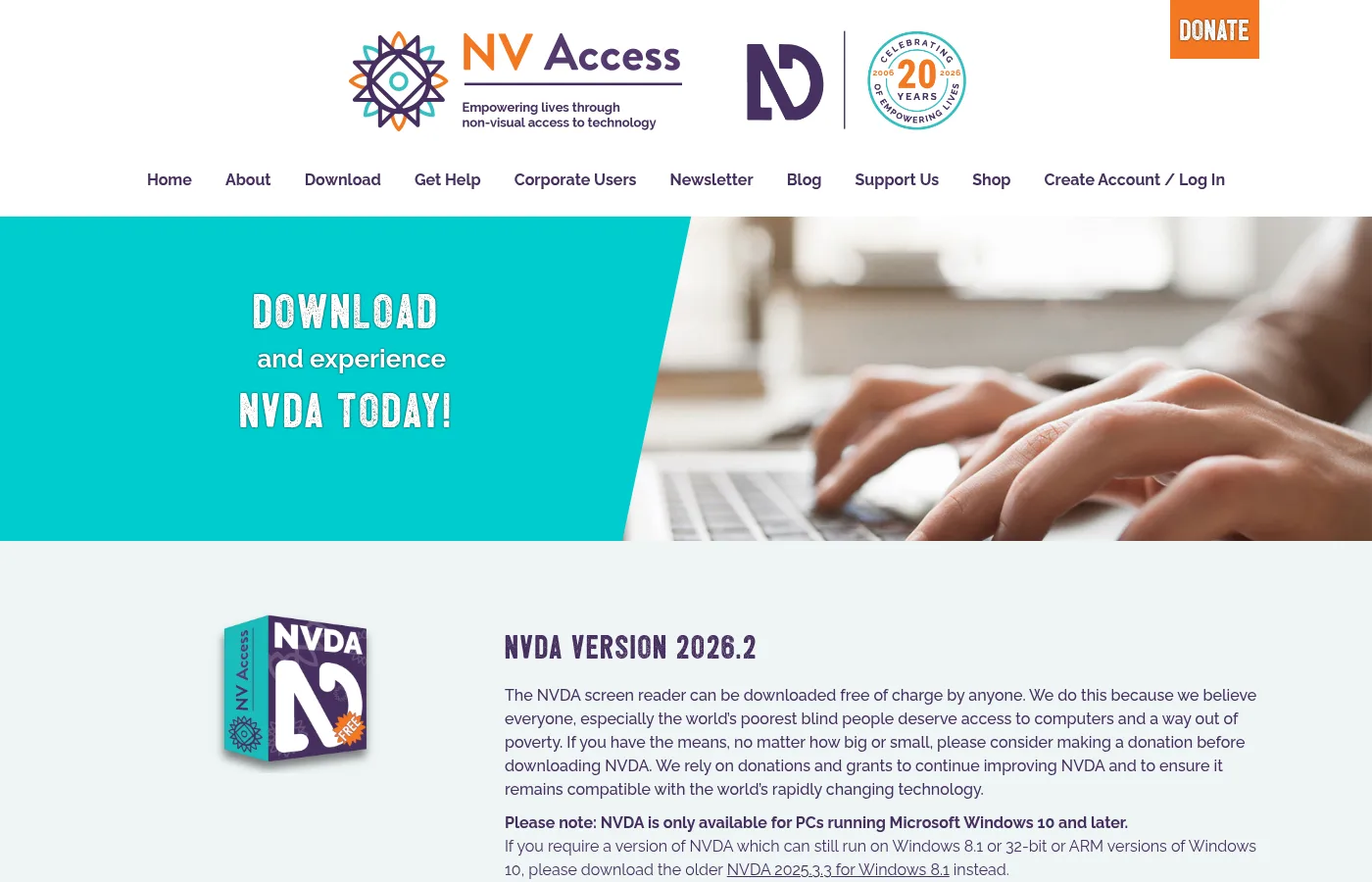 Vendor download page used as a second official download door for the screen reader.