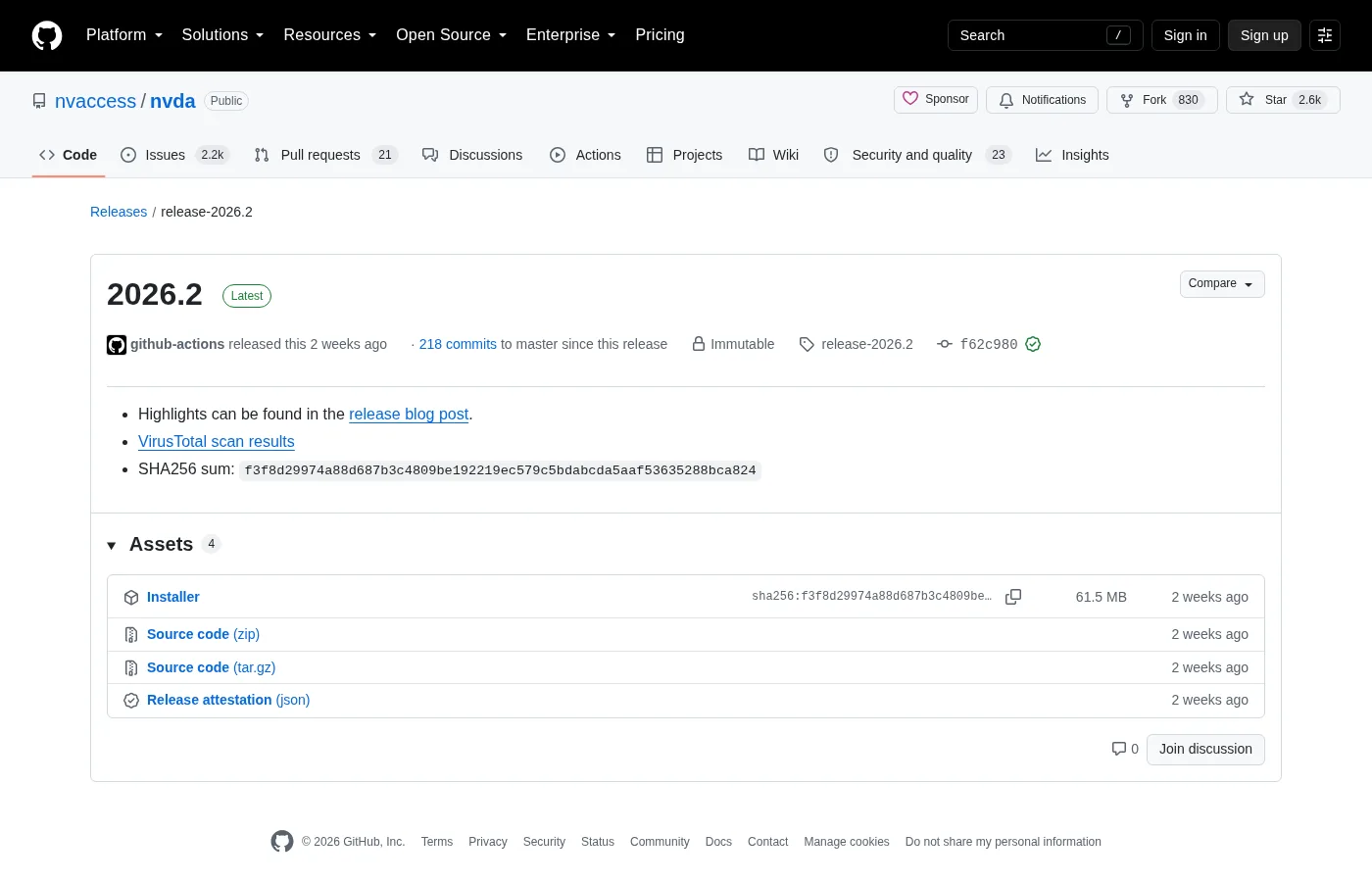 GitHub Releases page for the upstream tag showing the Windows installer asset.
